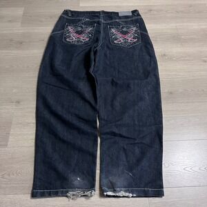 VTG Y2K Raider Mens Dark Wash Embroidered Skater Jeans 40 Baggy Fit Denim
